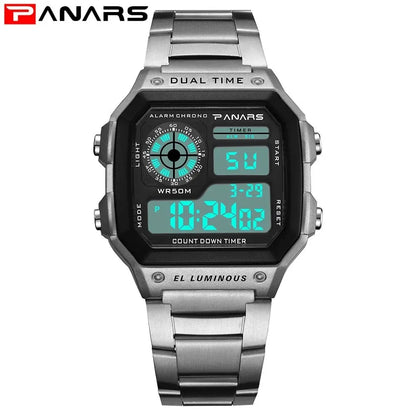 Luxury Waterproof Digital Sport Watch for Men – Stainless Steel Strap, Backlight, Alarm Function