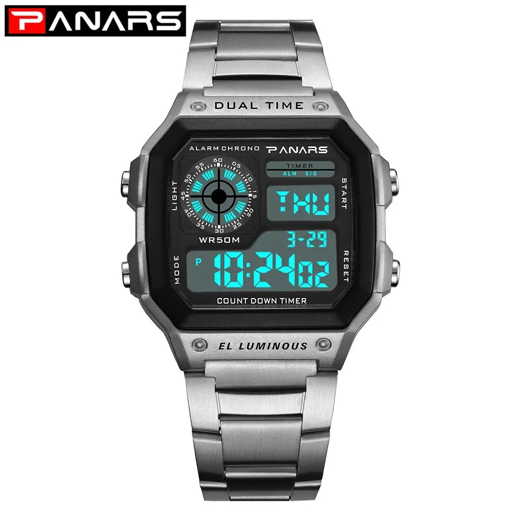 Luxury Waterproof Digital Sport Watch for Men – Stainless Steel Strap, Backlight, Alarm Function