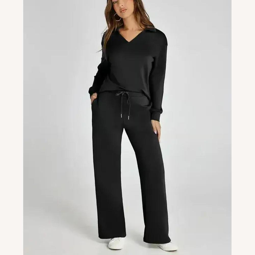 Women's Casual Polyester Set with V-Neck Top and Adjustable Wide Pants – Comfort and Elegance