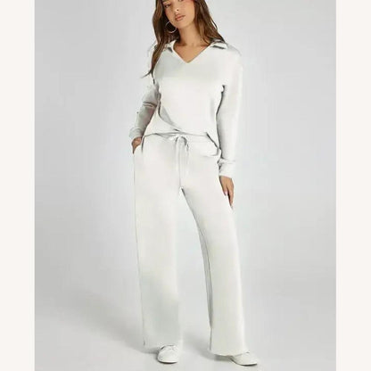 Women's Casual Polyester Set with V-Neck Top and Adjustable Wide Pants – Comfort and Elegance
