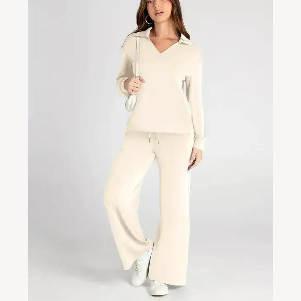 Women's Casual Polyester Set with V-Neck Top and Adjustable Wide Pants – Comfort and Elegance