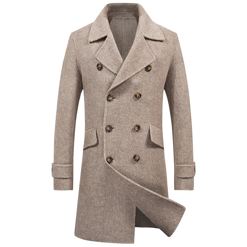 Mid-Length Wool Coat for Men with Double Breasted and Pockets