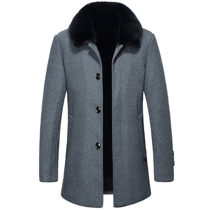 Mid-Thigh Wool Coat for Men – Slim Fit and Soft Collar for Winter