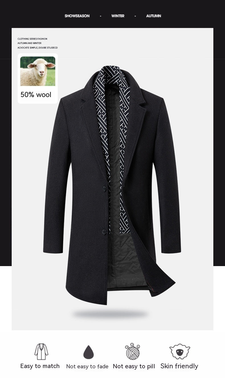 Mid-Length Wool Coat for Men with Quilted Lining – Urban Style and Winter Comfort