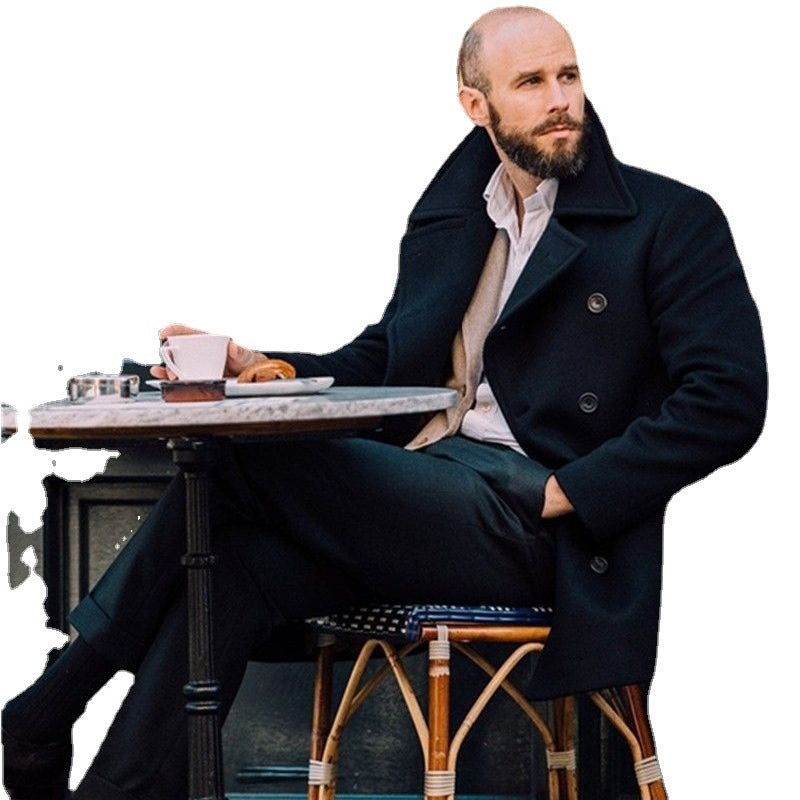 Mid-Length Wool Coat for Men with Double Breasted and Notched Lapel