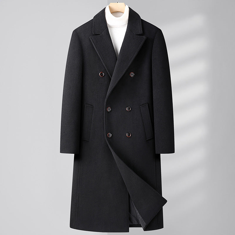 Manteau en Laine au-dessus du Genou avec Double Boutonnage – Élégance Automne Hiver, Silhouette Ajustée et Poches Latérales