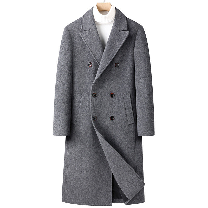 Manteau en Laine au-dessus du Genou avec Double Boutonnage – Élégance Automne Hiver, Silhouette Ajustée et Poches Latérales