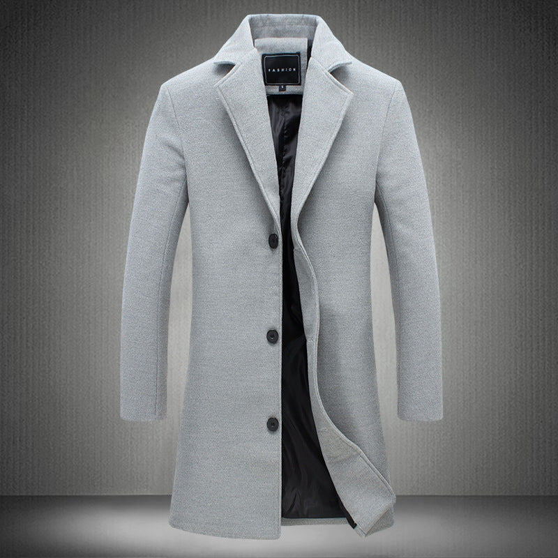 Wool Coat for Men Slim Fit, Mid-Thigh, Acetate Blend, Minimalist Design, Practical Pockets