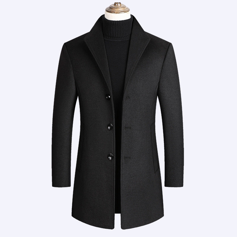 Wool Coat for Men with Single-Breasted Closure – Mid-Thigh, Winter