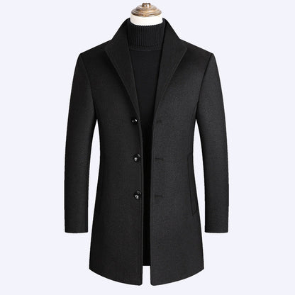 Wool Coat for Men with Single-Breasted Closure – Mid-Thigh, Winter