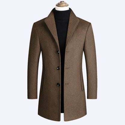 Wool Coat for Men with Single-Breasted Closure – Mid-Thigh, Winter