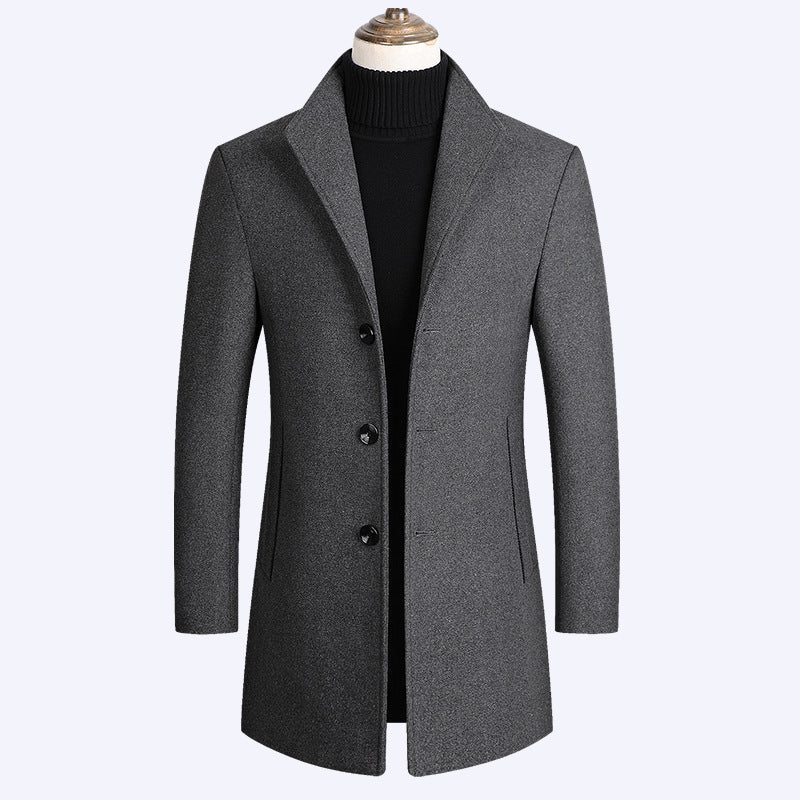 Wool Coat for Men with Single-Breasted Closure – Mid-Thigh, Winter