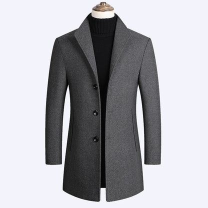 Wool Coat for Men with Single-Breasted Closure – Mid-Thigh, Winter