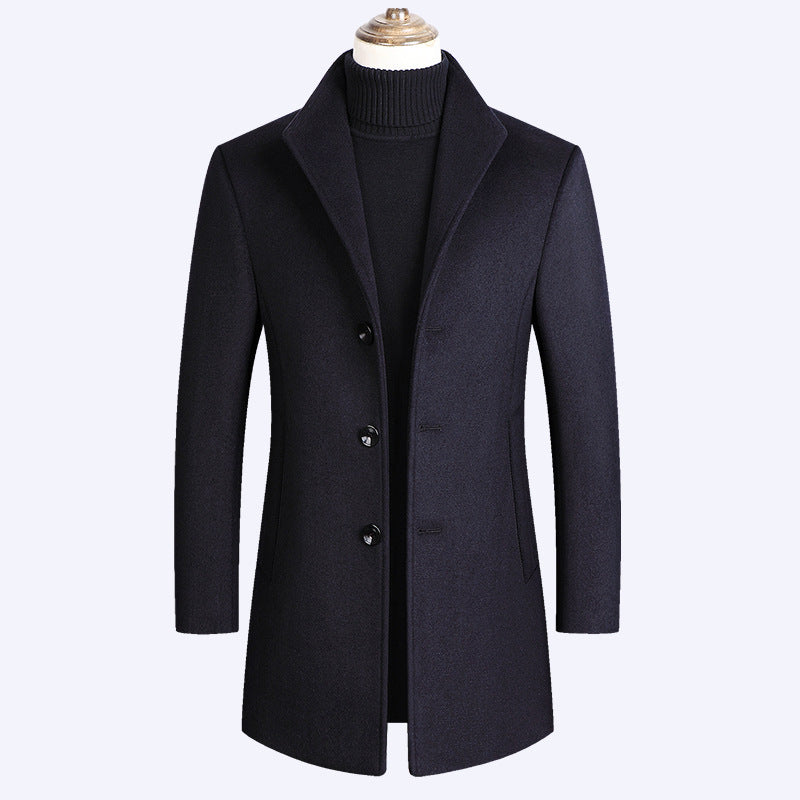 Wool Coat for Men with Single-Breasted Closure – Mid-Thigh, Winter