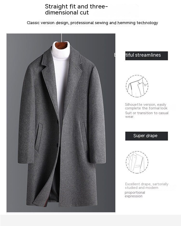 Manteau en Laine pour Hommes avec Revers Cranté et Poches – Coupe Ajustée Mi-Longue