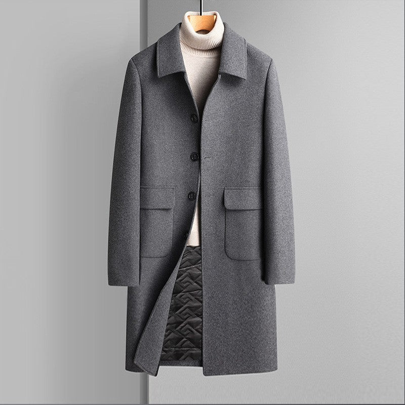 Manteau en Laine pour Hommes avec Revers Cranté et Poches – Coupe Ajustée Mi-Longue