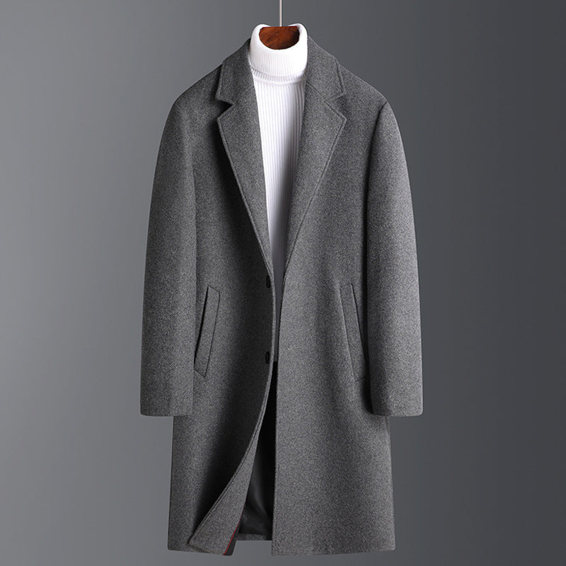 Manteau en Laine pour Hommes avec Revers Cranté et Poches – Coupe Ajustée Mi-Longue