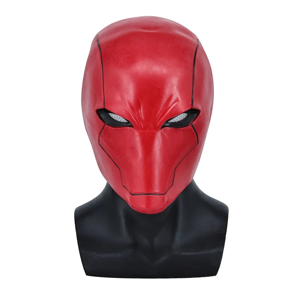 Red Hood Latex Mask for Cosplay and Halloween – Smooth Red Surface with Black Details, One Size Adult