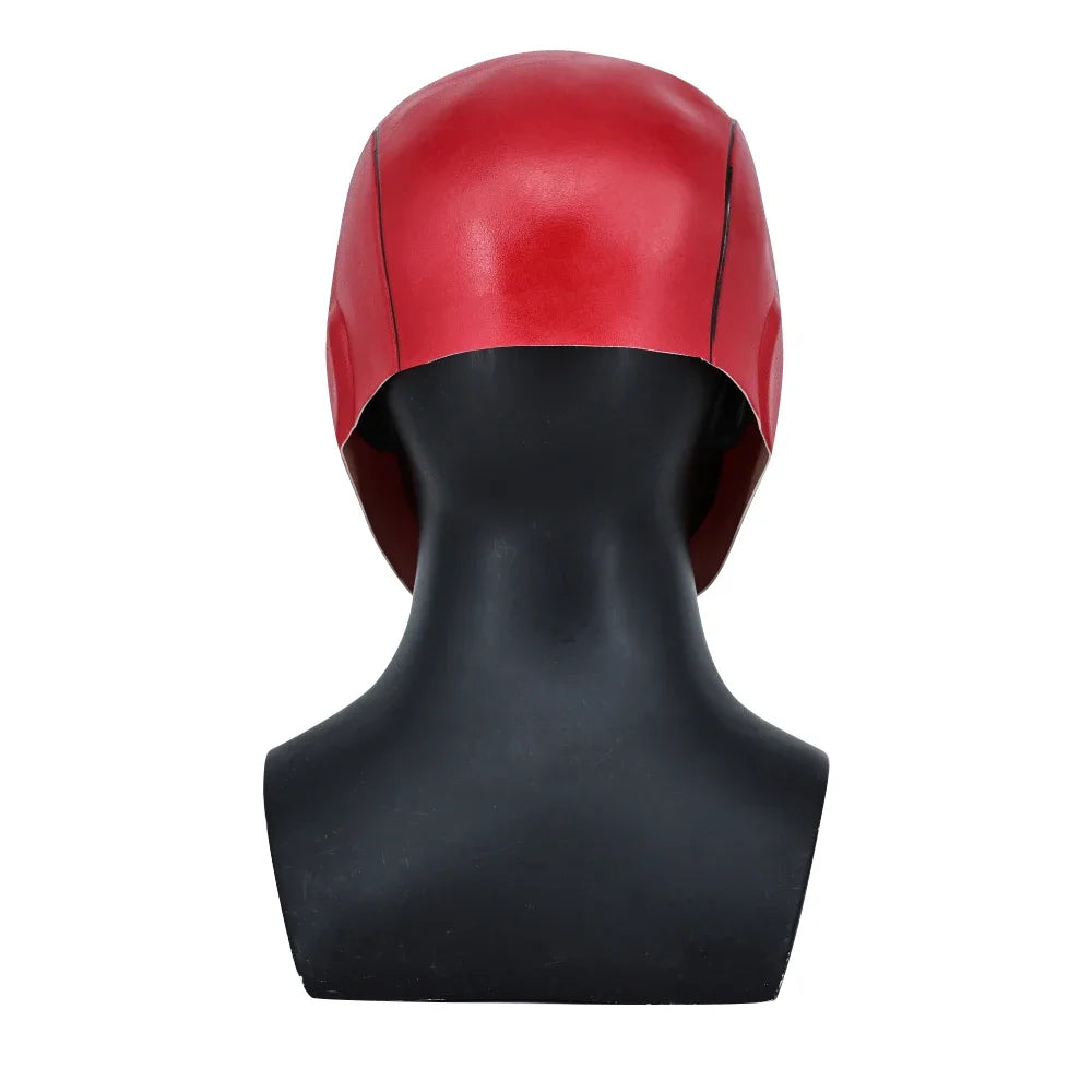Red Hood Latex Mask for Cosplay and Halloween – Smooth Red Surface with Black Details, One Size Adult