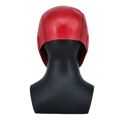Red Hood Latex Mask for Cosplay and Halloween – Smooth Red Surface with Black Details, One Size Adult