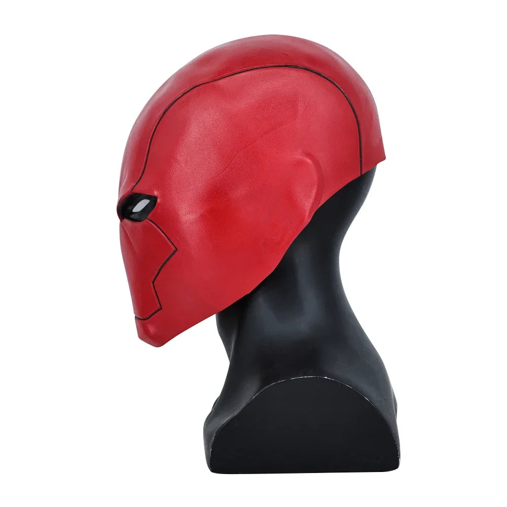 Red Hood Latex Mask for Cosplay and Halloween – Smooth Red Surface with Black Details, One Size Adult
