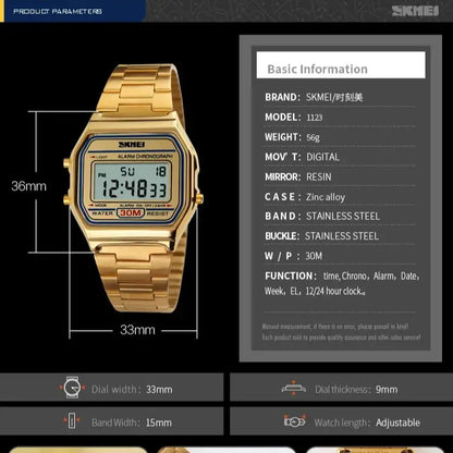 Men's Waterproof Digital Sports Watch with Stainless Steel Band – Retro Style, 30M Water Resistance