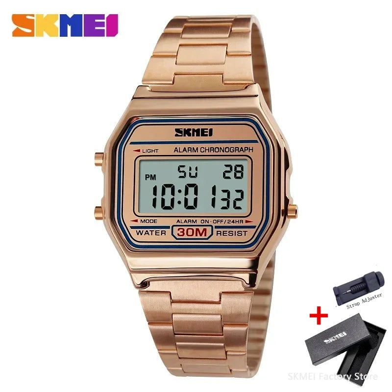 Men's Waterproof Digital Sports Watch with Stainless Steel Band – Retro Style, 30M Water Resistance