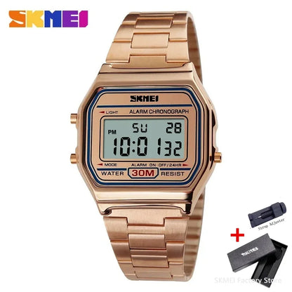 Men's Waterproof Digital Sports Watch with Stainless Steel Band – Retro Style, 30M Water Resistance