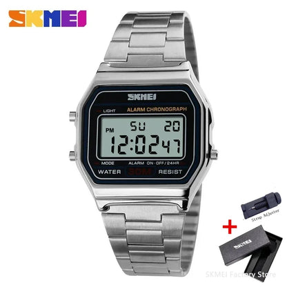 Men's Waterproof Digital Sports Watch with Stainless Steel Band – Retro Style, 30M Water Resistance
