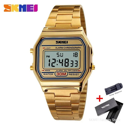 Men's Waterproof Digital Sports Watch with Stainless Steel Band – Retro Style, 30M Water Resistance