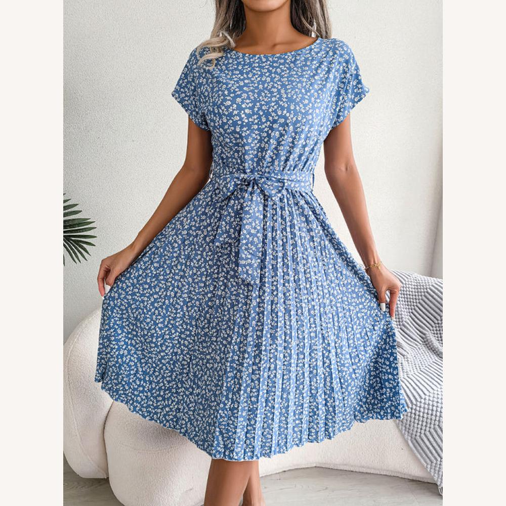 Robe Femme Midi Trapèze Imprimée Floral avec Ceinture à Nouer – Élégante et Confortable