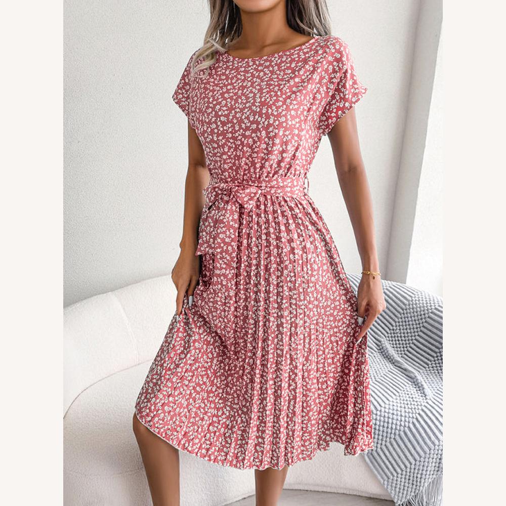 Robe Femme Midi Trapèze Imprimée Floral avec Ceinture à Nouer – Élégante et Confortable