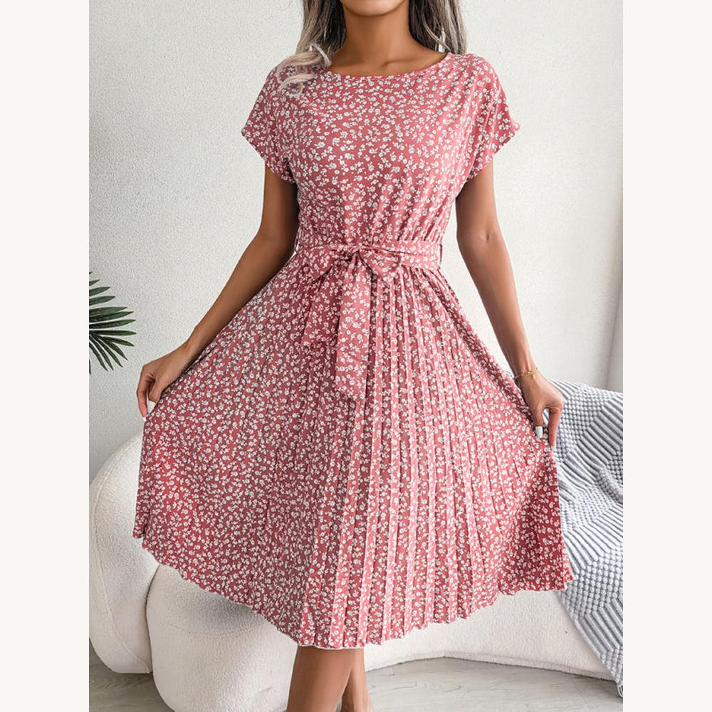 Women's Midi A-line Dress Floral Print with Tie Belt – Elegant and Comfortable
