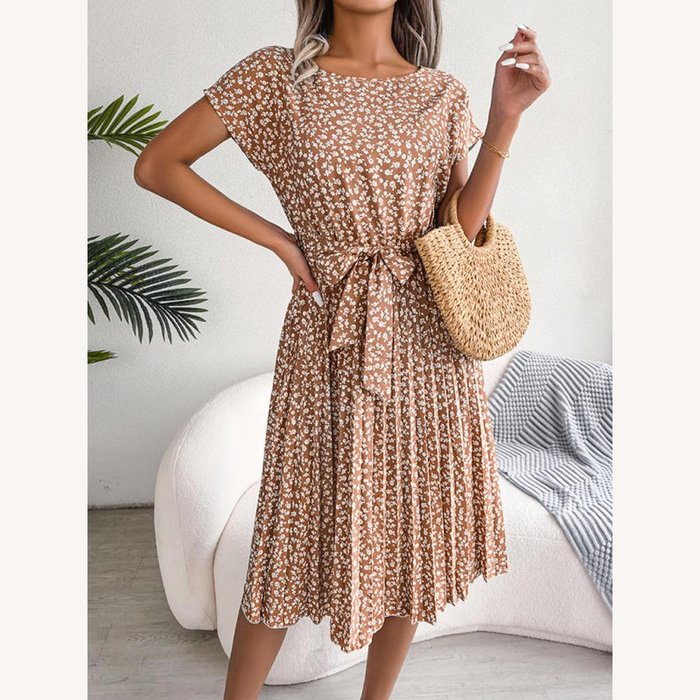 Women's Midi A-line Dress Floral Print with Tie Belt – Elegant and Comfortable