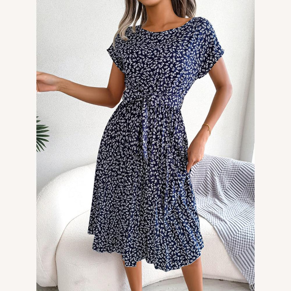 Robe Femme Midi Trapèze Imprimée Floral avec Ceinture à Nouer – Élégante et Confortable