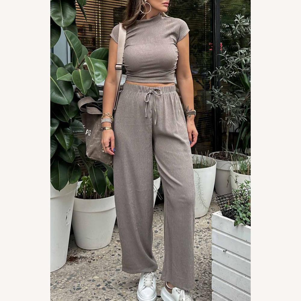 Ensemble Femme Deux-Pièces Confortable avec Crop Top à Col Montant et Pantalon Ample Élastique – Idéal pour Sorties Décontractées