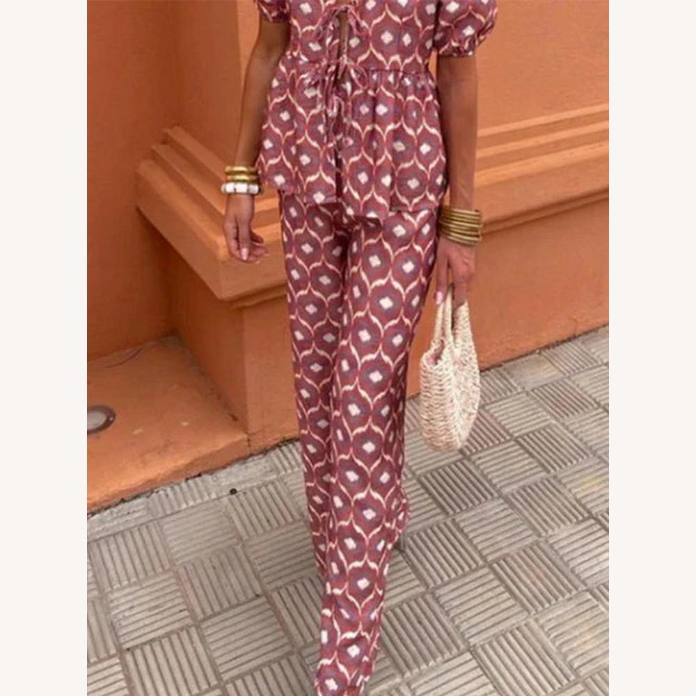 Ensemble Tailleur Femme Imprimé Floral – Haut à Nouer et Pantalon Droit à Taille Élastique