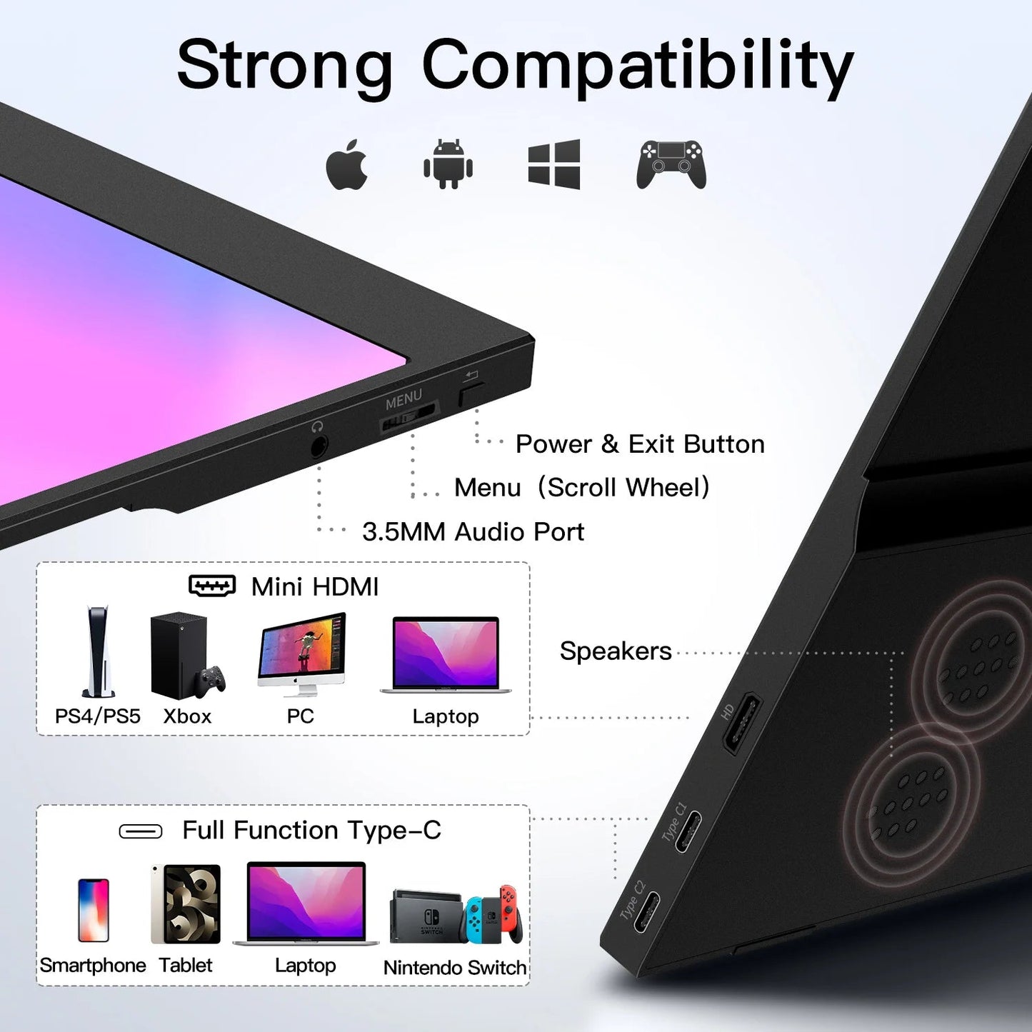 Portable Monitor 15.6 Inches Full HD 1080p with USB-C, HDMI and Built-in Speakers – Lightweight and Foldable