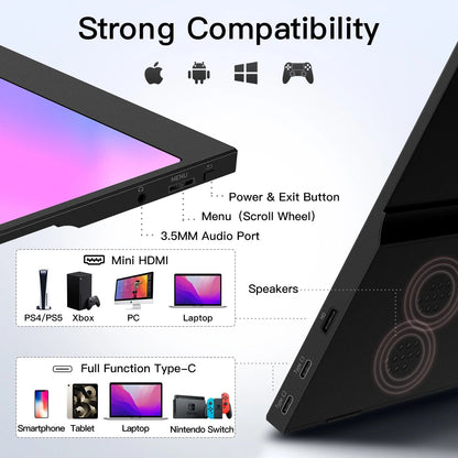 Portable Monitor 15.6 Inches Full HD 1080p with USB-C, HDMI and Built-in Speakers – Lightweight and Foldable