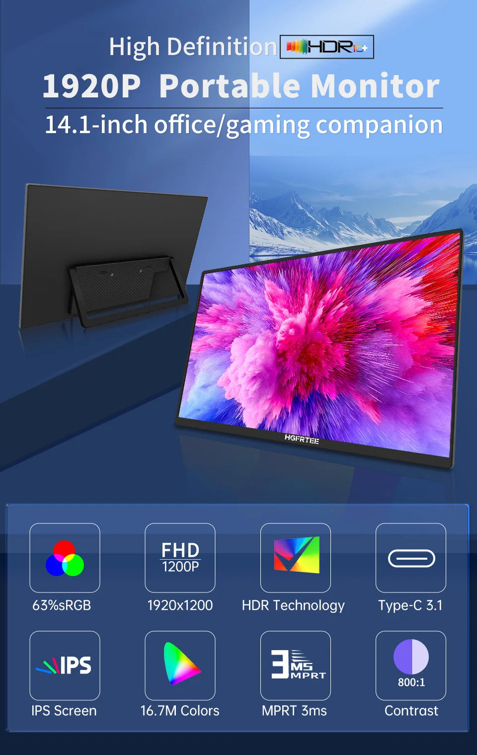 Portable IPS Monitor 14.1 Inches 1080P with Built-in Stand and Speakers for Gaming and Productivity