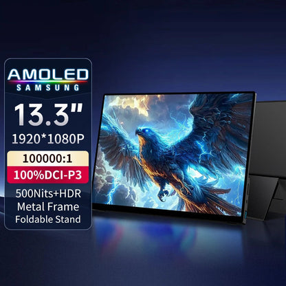 Portable OLED Monitor 13.3'' 1920 x 1080 with Metal Frame and Built-in Speakers – High Resolution, 1 ms Response Time