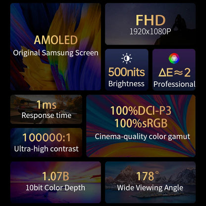 Portable OLED Monitor 13.3'' 1920 x 1080 with Metal Frame and Built-in Speakers – High Resolution, 1 ms Response Time