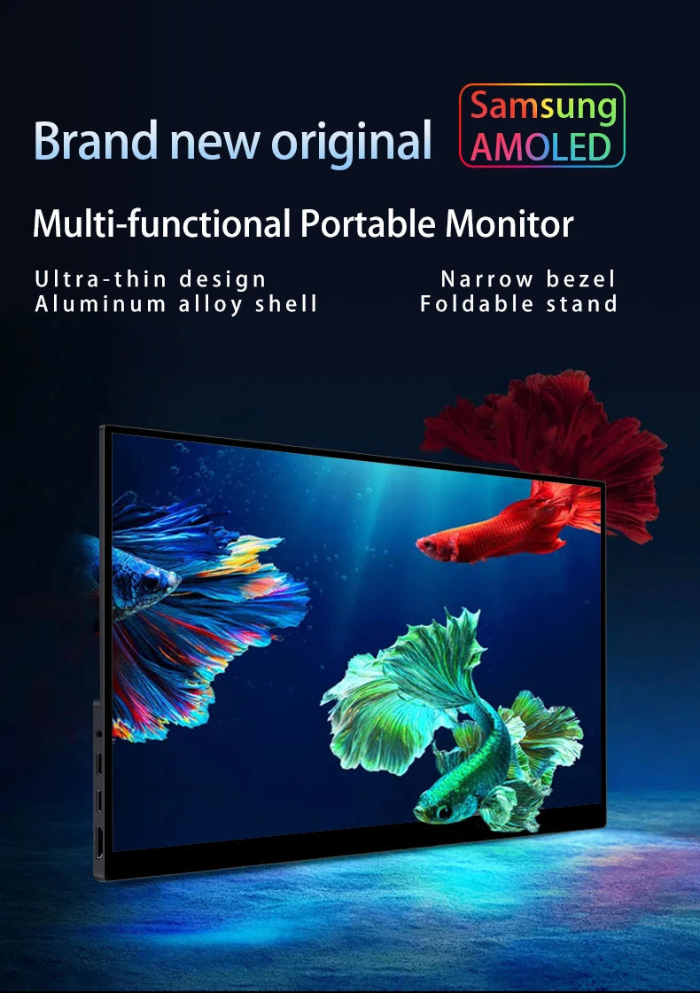 Portable OLED Monitor 13.3'' 1920 x 1080 with Metal Frame and Built-in Speakers – High Resolution, 1 ms Response Time