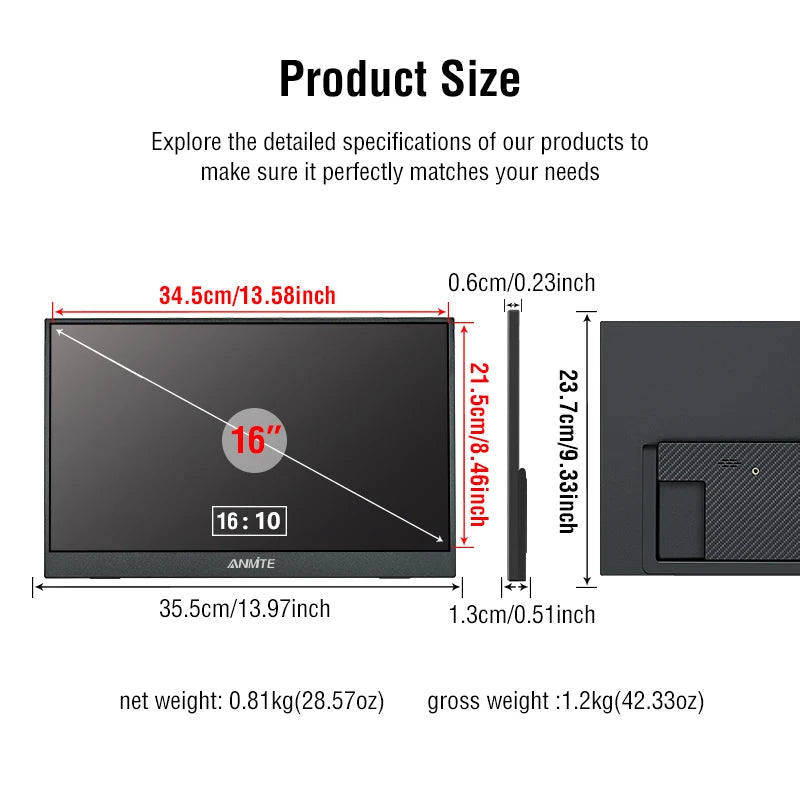 Portable Touch Monitor 16 Inches 1920x1200 HDR10 with Built-in Speakers – IPS Multi-Touch Screen 60 Hz