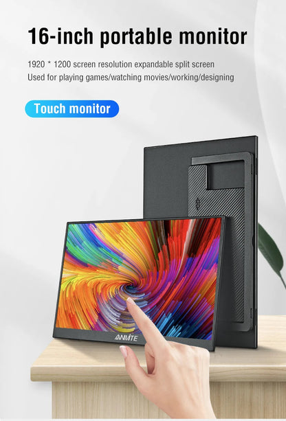 Portable Touch Monitor 16 Inches 1920x1200 HDR10 with Built-in Speakers – IPS Multi-Touch Screen 60 Hz