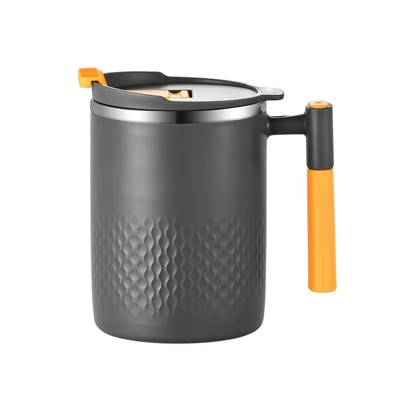 Mug à café portable en acier inoxydable 450ml avec poignée et couvercle – Design étanche pour boissons chaudes ou froides