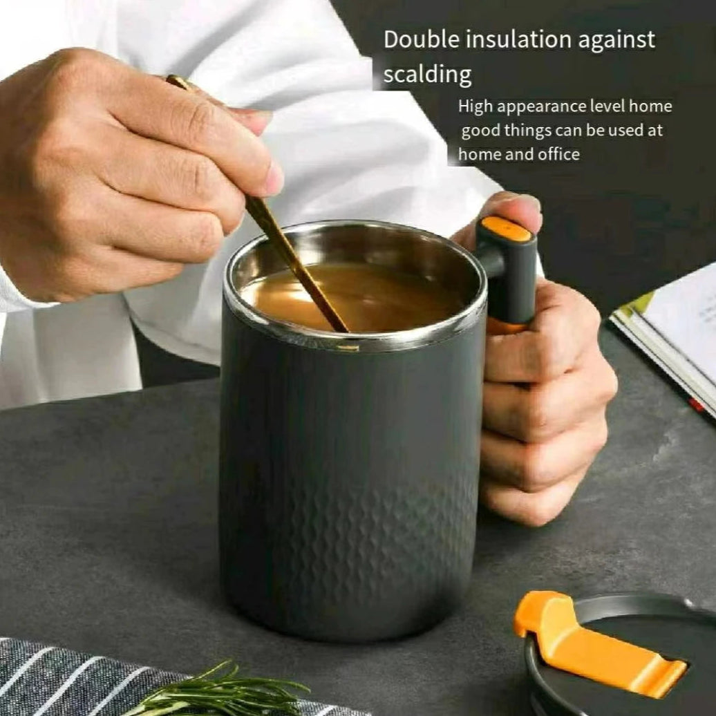 Mug à café portable en acier inoxydable 450ml avec poignée et couvercle – Design étanche pour boissons chaudes ou froides