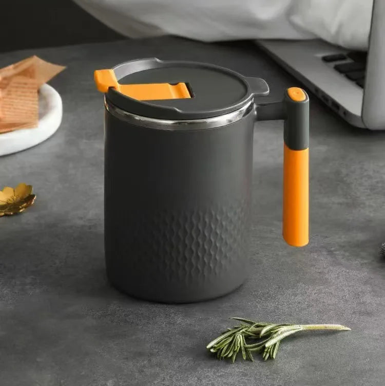 Mug à café portable en acier inoxydable 450ml avec poignée et couvercle – Design étanche pour boissons chaudes ou froides