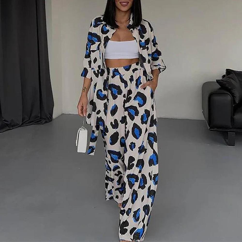 Women's Leopard Print Blue Suit Set – Loose Shirt and Comfortable Wide Pants