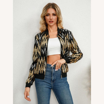 Women's Bomber Jacket with Metallic Sequins and Zipper Closure – Glamorous and Trendy Jacket